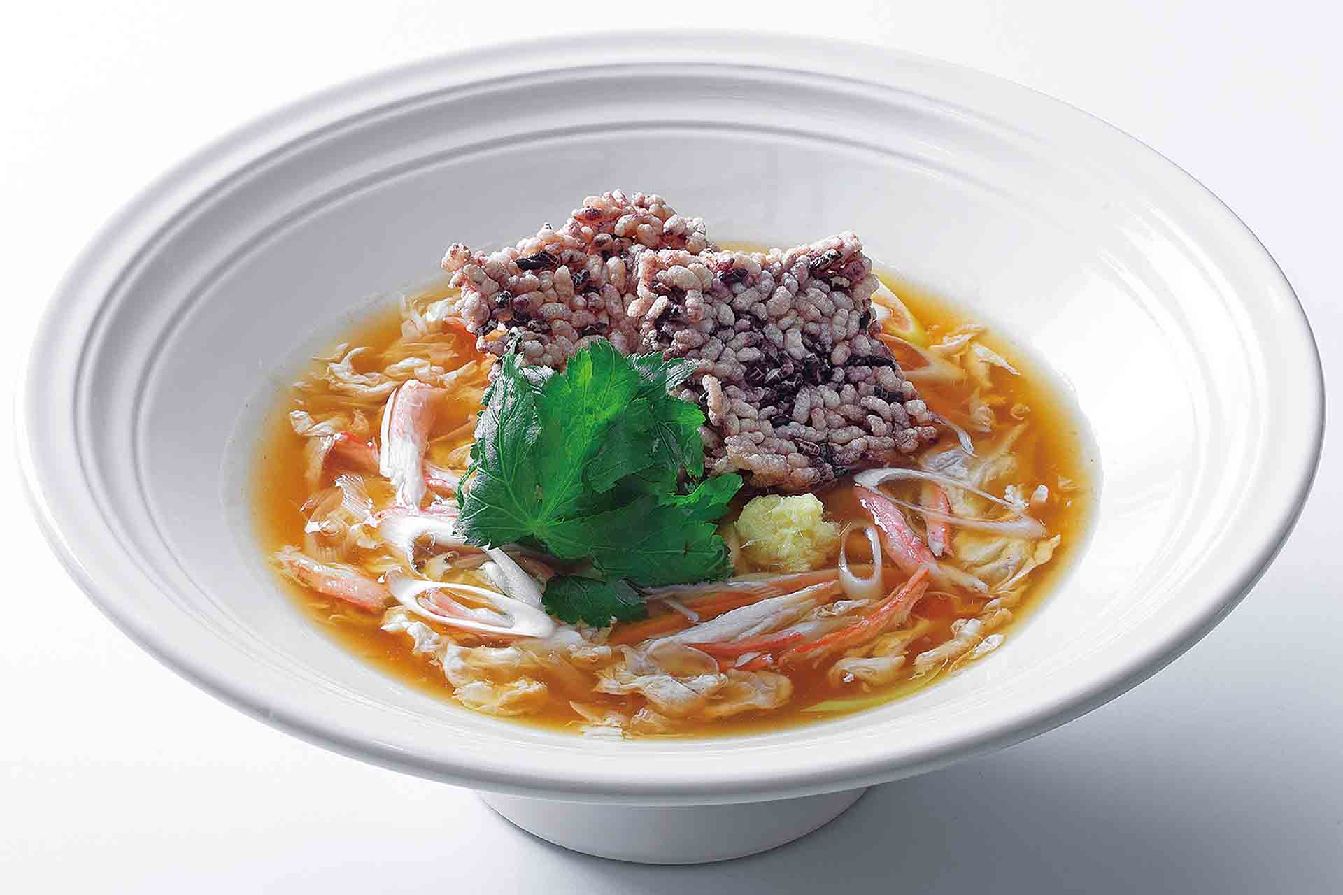 蟹身と黒米おこげのおうどん