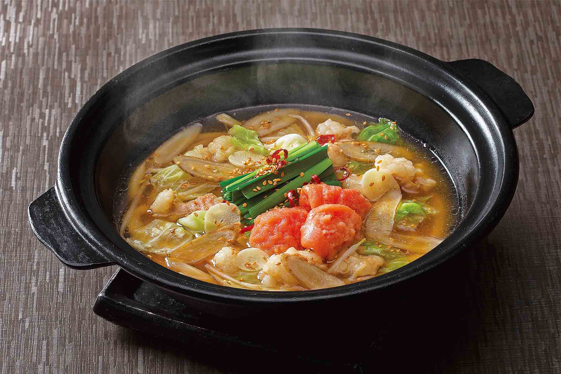 あご出汁仕立て 牛もつ明太子のおうどん