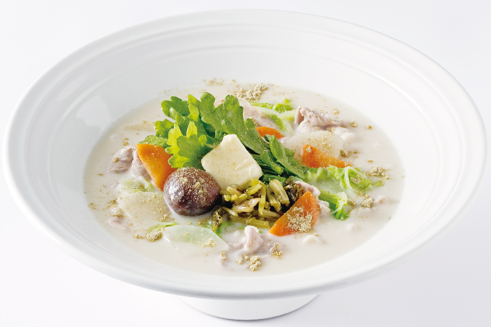 25冬_うどん_T_冬野菜と茶美豚 豆乳白湯のおうどん